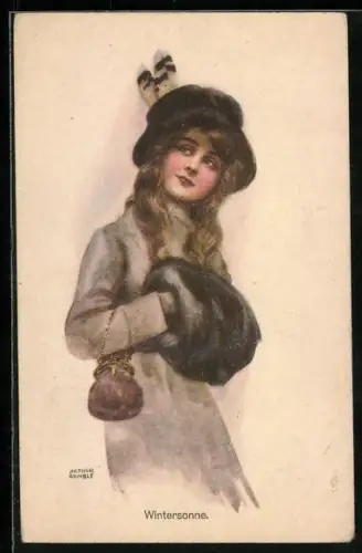 Künstler-AK sign. Arthur Wimble: Fräulein mit Muff in der Wintersonne