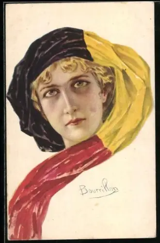 Künstler-AK sign. Bourrillon: Junge Dame mit belgischer Fahne als Kopfbedeckung