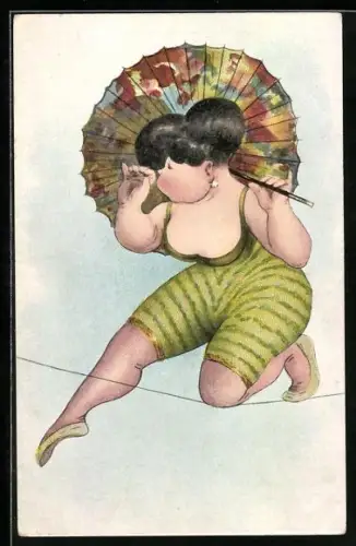 AK Akrobatin auf Hochseil mit Schirm als Karikatur