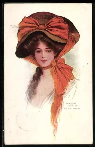 Künstler-AK Fräulein mit Hut mit roter Schleife