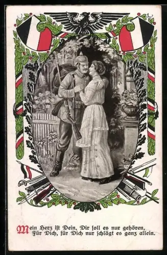 AK Soldat in Uniform mit Frau im Arm, Soldatenliebe