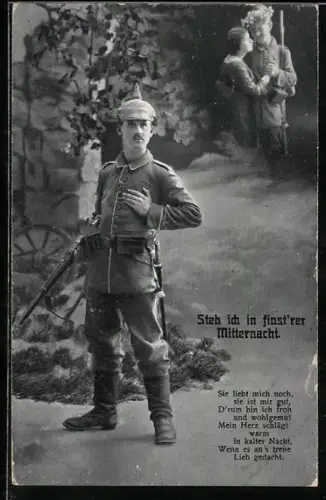 Künstler-AK Soldat mit Eisernem Kreuz auf Wache, Wiedersehen mit der Braut