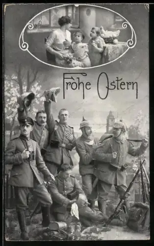 AK Soldaten in Uniform, Frau mit Kindern u. Huhn, Ostergruss