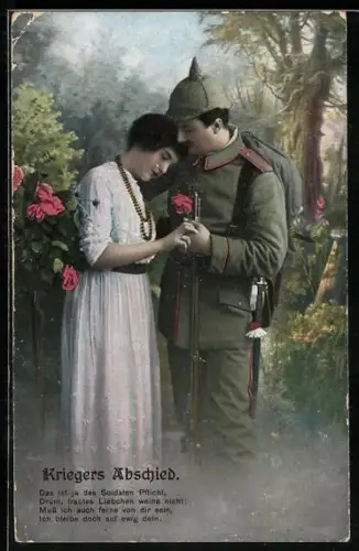 AK Kriegers Abschied, Das ist ja des Soldaten Pflicht, ein deutscher Soldat verabschiedet sich von seiner Liebsten