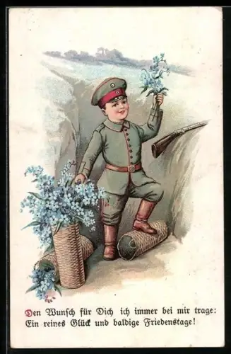 AK Kein schönres Glück in fremdem Land..., Kleiner Soldat mit Blumen im Schützengraben, Kinder Kriegspropaganda
