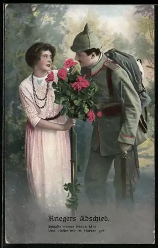 Künstler-AK Kriegers Abschied, Soldat beim Ausmarsch übergibt der Gattin einen Rosenstrauss