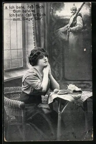 AK Hausfrau in Gedanken an ihren dienenden Gatten auf dem Feld, Soldatenliebe