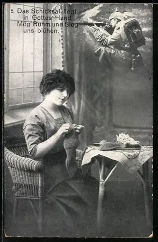 AK Junge Frau beim stricken denkt an ihren Soldaten im Felde