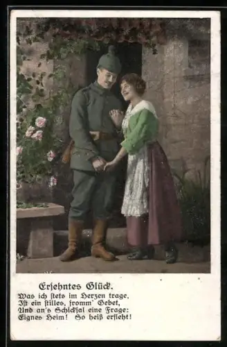 AK Ersehntes Glück, Soldat in Uniform auf Heimaturlaub wird von seinem Mädchen empfangen