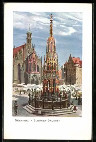 Künstler-AK Heinrich Kley: Nürnberg, Schöner Brunnen mit Passanten