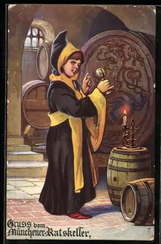 Künstler-AK Münchener Ratskeller, Münchner Kindl im Weinkeller