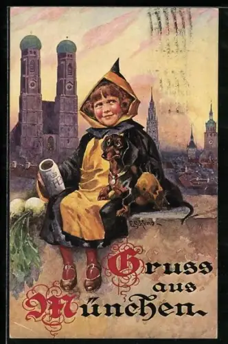 Künstler-AK Ernst Schlemo: München, Münchner Kindl sitzt mit Dackel auf einer Mauer