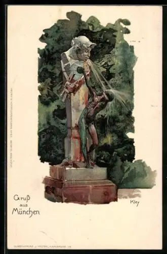 Künstler-AK Heinrich Kley: München, Brunnen, Mann bekommt Wasser ins Gesicht