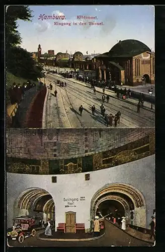 AK Hamburg-St. Pauli, Elbtunnel, Eingang in den Tunnel, Blick in die beiden Tunnel