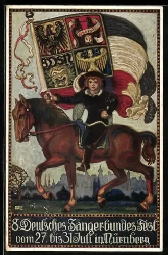 Künstler-AK Nürnberg, 8. Deutsches Sängerbundesfest 1912, Reiter mit Flagge vor der Stadt
