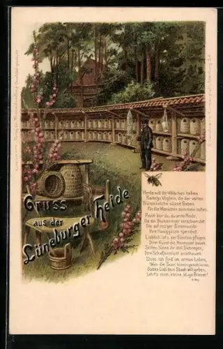 Lithographie Imkerei mit Imker in der Lüneburger Heide