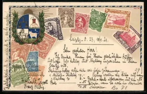 AK Briefmarken von Uruguay mit Wappen