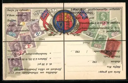 Präge-AK Goldcoast Briefmarken mit Wappen und Flaggen