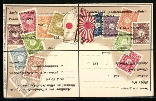 AK Japanische Briefmarken mit Flaggen