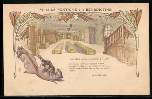Lithographie Reklame La Fontaine à la Bénédictine, Ratten mit Flasche