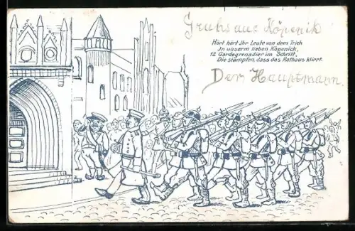 AK Berlin-Köpenick, Hauptmann von Köpenick führt seine Soldaten zum Rathaus