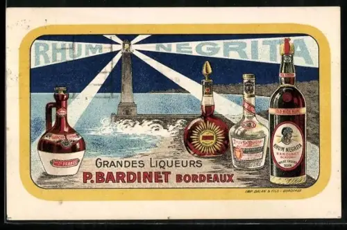 AK Reklame Rhum Negrita, P. Bardinet Bordeaux, Verschiedene Flaschen im Licht eines Leuchtturms