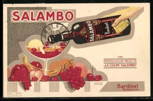 Künstler-AK Reklame Salambo, Bardinet in Bordeaux, Person giesst Salambo in ein Glas mit Früchten