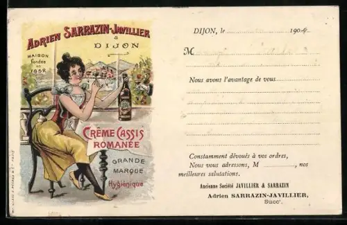 AK Reklame Adroem Sarrazin-Javillier, Crême Cassis Romanée