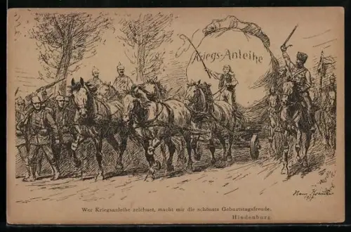 AK Junge auf einer Kutsche mit Kriegsanleihe umgeben von Soldaten