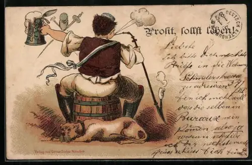 Lithographie Student mit Pfeife und Bierkrug sitzt auf einem Fass