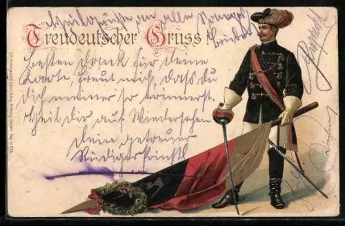 Präge-AK Student in Uniform mit Degen und Flagge