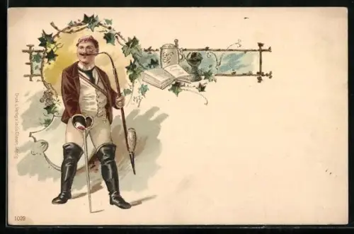 Lithographie Student mit Pfeife vor dekorativem Rahmen