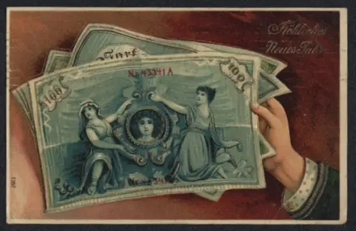 AK Neujahrsgruss, Geldscheine