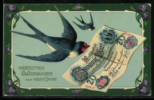 AK Schwalbe hält einen Zwanzig Mark Schein im Schnabel, Glückliches Neujahr