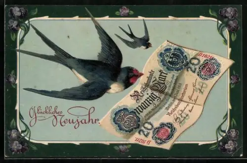 AK Schwalbe hält einen Zwanzig Mark Schein im Schnabel, Glückliches Neujahr