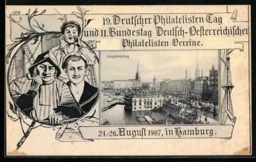 AK Hamburg, 19. Deutscher Philatelisten-Tag 24.-26.08.1907, Jungfernstieg, Matrosen und Fischer