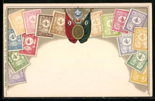 AK Historische türkische Briefmarken mit Landeswappen