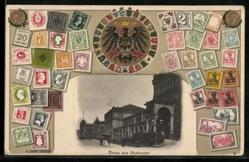 AK Hannover, Deutsche Briefmarken, Wappen mit Reichsadler