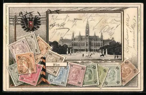 AK Wien, Rathaus, Österreichische Briefmarken