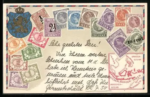 AK Briefmarken aus Niederländisch Indien, Wappen und Karte