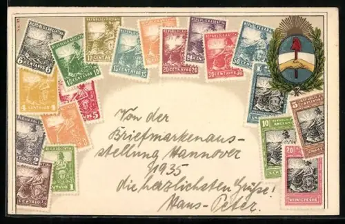 AK Argentinische Briefmarken mit Wappen