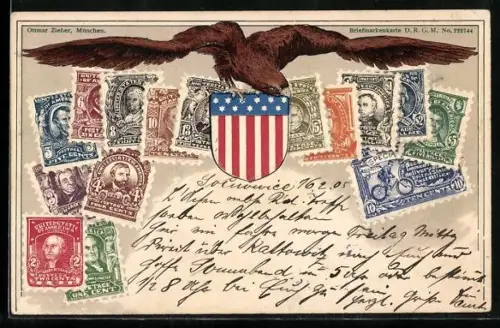 Präge-AK Amerikanische Briefmarken mit Adlerr und Wappen