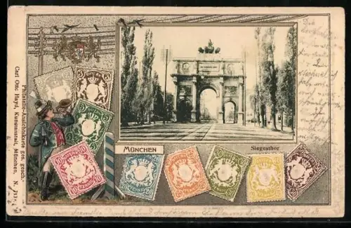 Präge-AK München, Siegesthor, Bayerische Briefmarken, Mann in Tracht