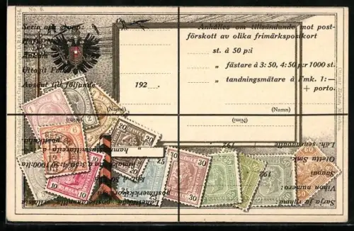 AK Österreichische Briefmarken mit Wappen