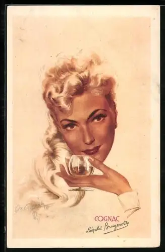 AK Reklame für Brugerolle Cognac mit einer attraktiven Frau, die ein Glas hält