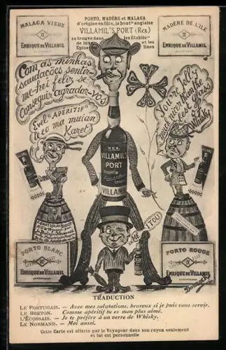 AK Reklame für Villamil`s Portwein mit einem Zigarre rauchenden Mann mit Flaschenkörper