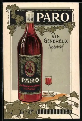 AK Reklame für Paro Wein mit einer Flasche und einem gut gefüllten Glas