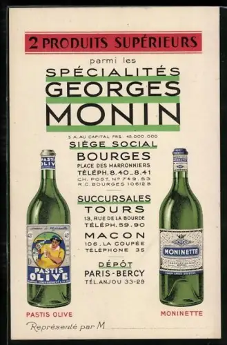 AK Reklame für Moninette und Pastis Olive Likör