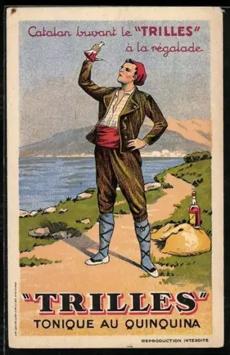 AK Reklame für Trilles, Tonique au quinquina mit einem trinkenden Menschen auf einer Landstrasse