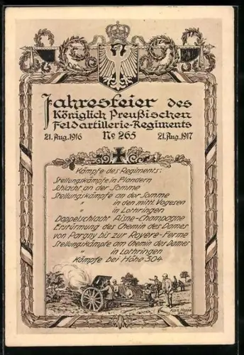 AK Jahresfeier des Königlich Preussischen Feldartillerie-Regiments No. 265 mit Abbildung im Felde